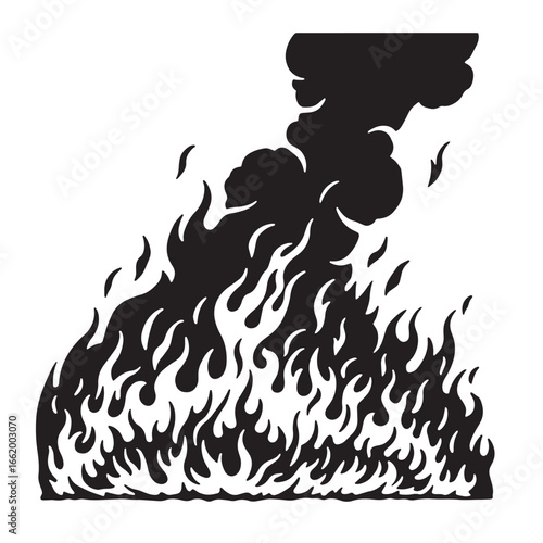 Simple black and white illustration depicting a raging fire with rising smoke and flames
