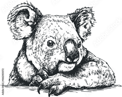 Detailed ink sketch of a curious koala resting on a surface