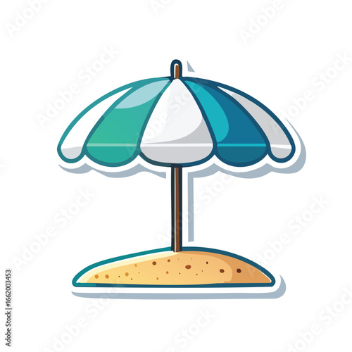 A colorful beach umbrella on a small sandy island, perfect for summer holidays.