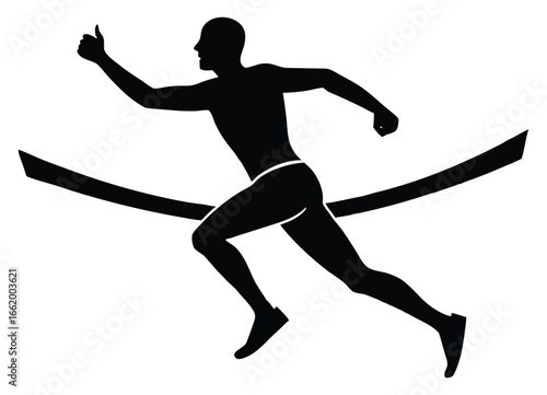 Silhouette of a triumphant runner crossing the finish line with a thumbs up gesture isolated on white
