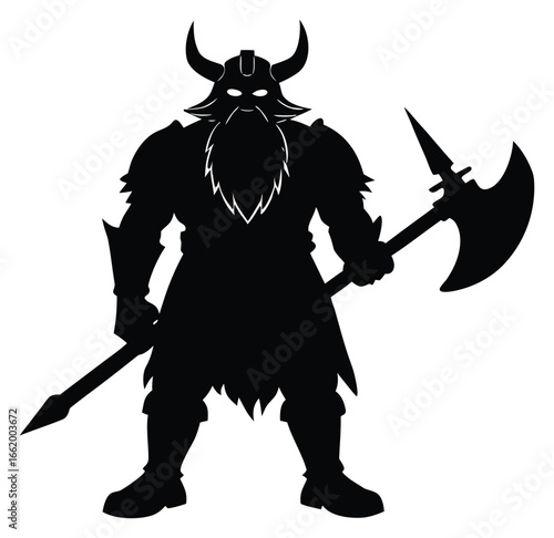 Silhouette of a Viking Warrior with Horned Helmet and Weapons Black and White Image