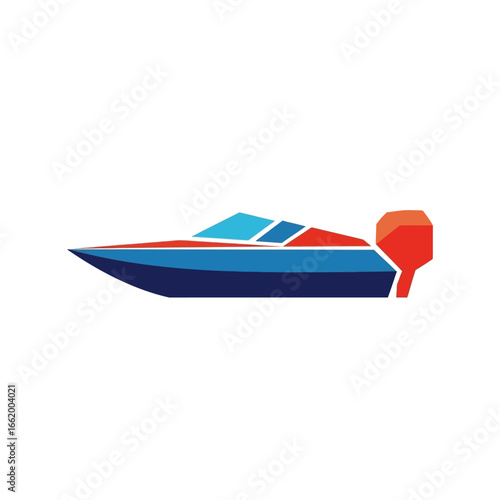 A stylized illustration of a motorboat with blue hull and red engine.