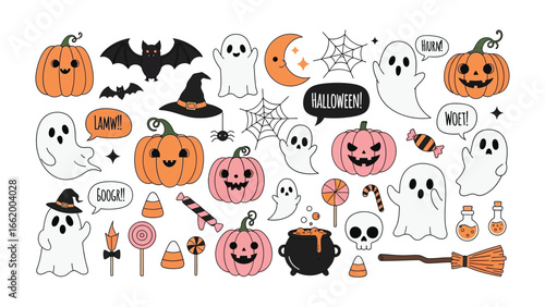 Spooky Season Extravaganza: A whimsical collage of festive Halloween icons, featuring grinning pumpkins, playful ghosts, and classic spooky elements for a festive visual delight. 