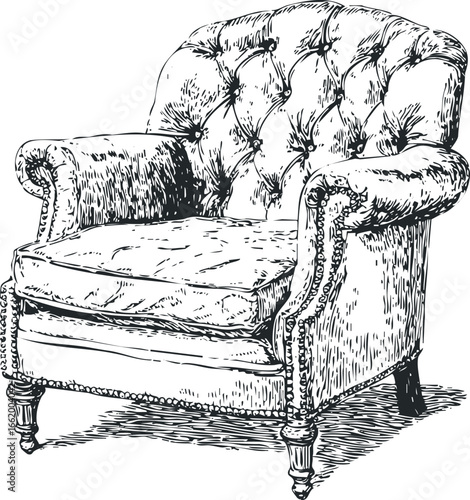 Classic Tufted Wingback Armchair with Carved Wood Legs Sketch