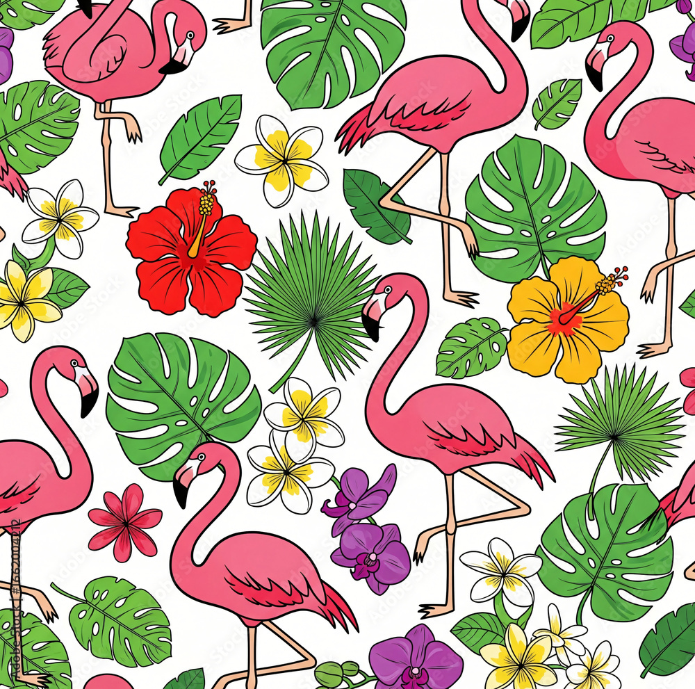 Obraz premium Vibrant Seamless Pattern of Pink Flamingos, Tropical Flowers, and Lush Green Leaves on a White Background.