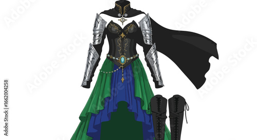 Fantasy Warrior Princess Gown with Regal Cape and Decorative Armor Sleeves, Digital Art, Detailed Costume Design, Rich Jewel Tones, Royal Attire