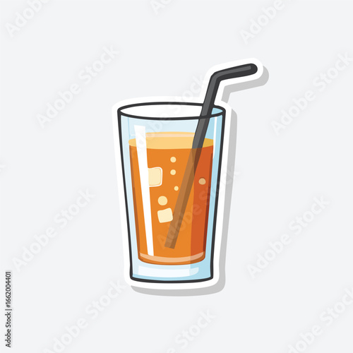 A refreshing glass of orange juice with ice cubes and a black straw, perfect for a hot day.