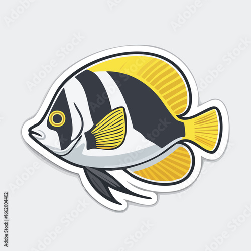 A detailed illustration of a colorful fish, featuring black and white stripes with yellow accents.
