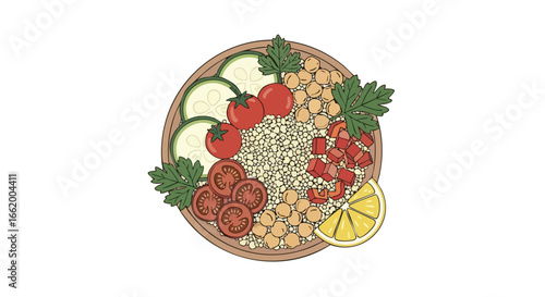 Vibrant and Healthy Bowl: A Colorful Medley of Fresh Vegetables and Nutritious Grains Illustration