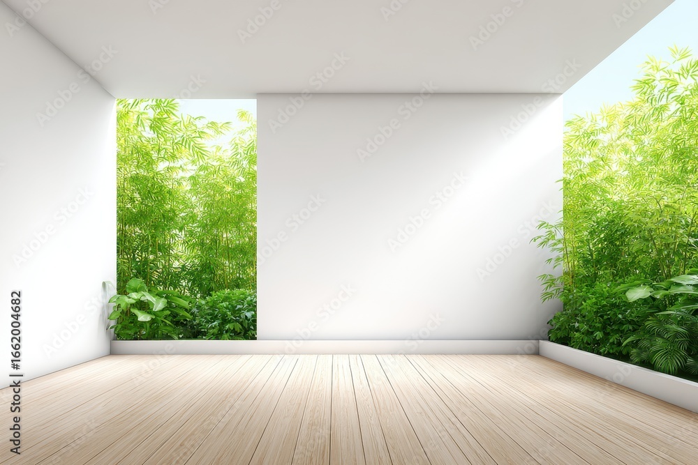 Fototapeta premium Empty white room with light wooden floor and lush green bamboo visible through open spaces