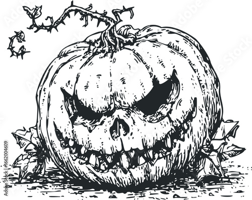 Hand drawn spooky carved pumpkin with thorny vine