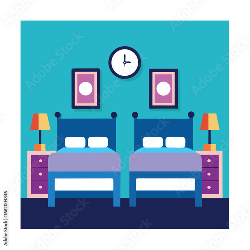 Twin Bedroom Interior with Matching Beds and Bedside Table
