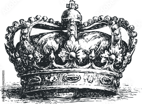 Ornate King's Crown Detailed Sketch Emblem on White Background