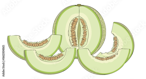 Illustration of a Honeydew Melon with Slices Displaying Juicy Interior and Seeds Showing Freshness and Appeal of the Green-Fleshed Fruit for Healthy