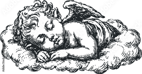 Cherubic figure with wings sleeps peacefully on a fluffy cloud