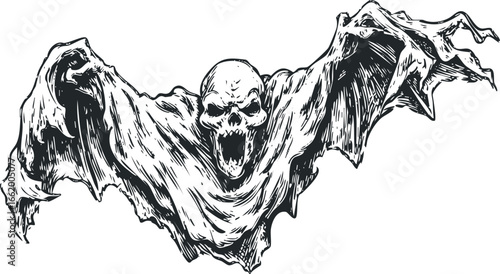 Scary Skull Figure With Open Mouth and Torn Wings