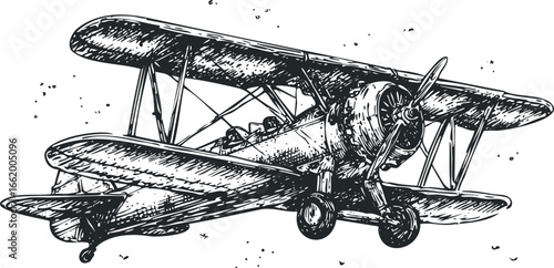 Vintage biplane with propeller flying against a white background