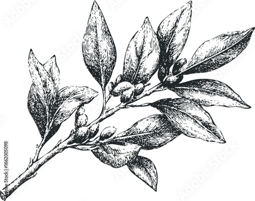 Black and white ink sketch of a bay leaf branch with buds