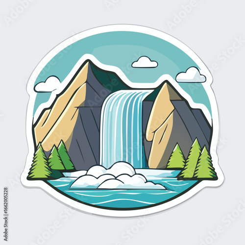 A vibrant illustration of a waterfall cascading down a mountain range with trees.