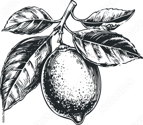 Detailed sketch of a ripe lemon on a branch with leaves