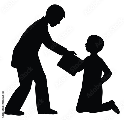 Silhouette of older child passing book to younger kneeling child in education and care