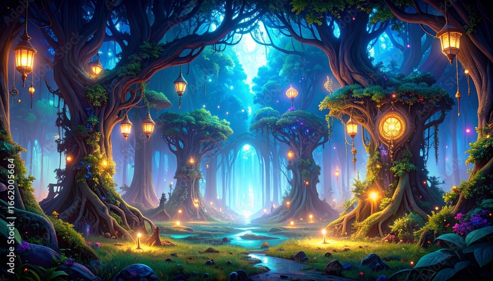 Fototapeta premium Enchanted forest with glowing lights.