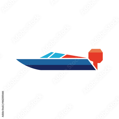 Stylized illustration of a blue and red motorboat with an outboard engine.