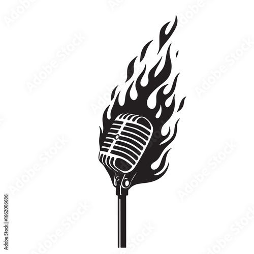 Vintage microphone surrounded by flames representing passionate musical performance concept