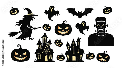 Spooky Halloween Silhouettes: A collection of dark silhouettes showcasing iconic Halloween figures and symbols, evoke a chilling and festive atmosphere.