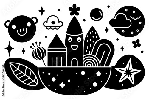 Whimsical black and white illustration of a dreamlike landscape with cute characters and celestial elements