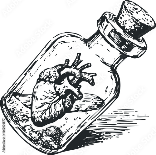 Vintage anatomical heart preserved in glass bottle with cork stopper