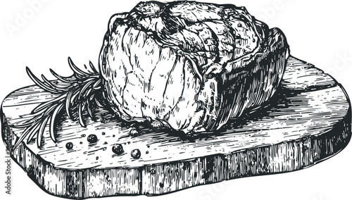 Hand Drawn Sketch of Raw Beef Steak with Rosemary and Peppercorns
