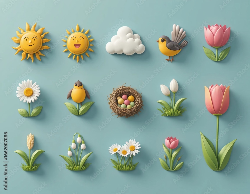 Naklejka premium Charming spring elements including smiling suns, birds, flowers, and a nest with eggs on a blue background.