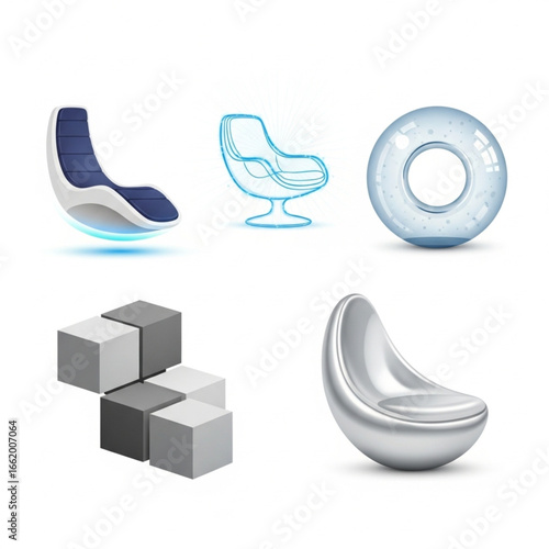 Collection of modern and futuristic chair designs and geometric cube arrangements.