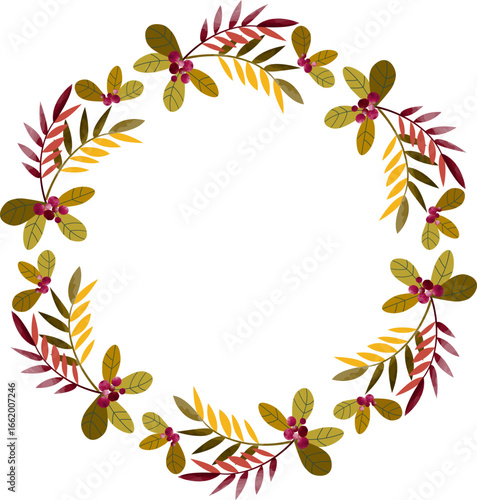 Wreath with lingonberry berries and twigs. Frame with autumn pattern in the shape of a circle. Copy space, white background, vector.