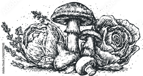 Woodcut Style Still Life of Assorted Mushrooms and Greens