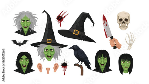 Halloween Elements: A collection of Halloween icons, including a witch hat, raven, skull, bloody knife, and witch heads.