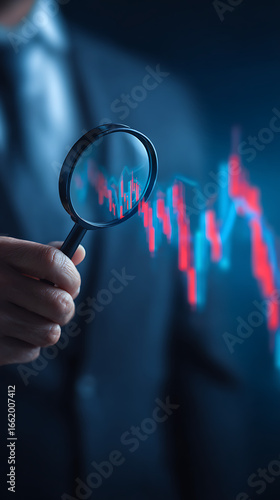 Person in suit using magnifying glass to inspect a downward trending stock market chart with red and blue bars