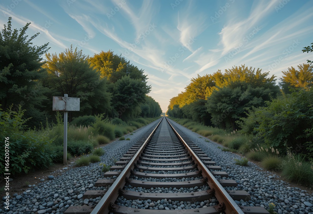 Fototapeta premium A serene railway track stretching through lush green trees under a vibrant sky with delicate cloud