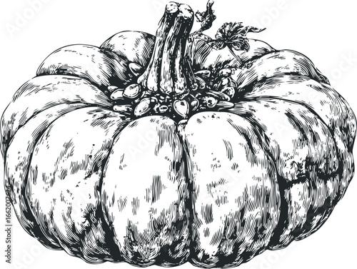 Detailed ink drawing of a plump pumpkin with stem and foliage