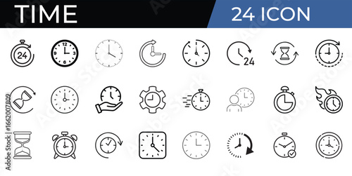 Time Line Editable Icons set. Vector illustration in modern thin line style of clock related icons: timer, stopwatch, alarm, and more. Isolated on transparent background. vector illustration eps file