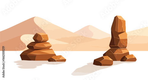 Stylized desert landscape with carefully arranged rock formations amidst rolling dunes, conveying tranquility and balance in a minimalistic