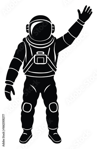 Astronaut in spacesuit silhouette waving hand in outer space exploration vector design