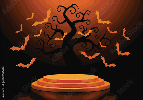 Halloween bat tree podium vector illustration 2025