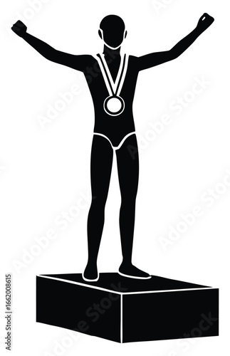 Athlete victoriously celebrating his success with gold medal standing atop a podium representing sportsmanship and achievement
