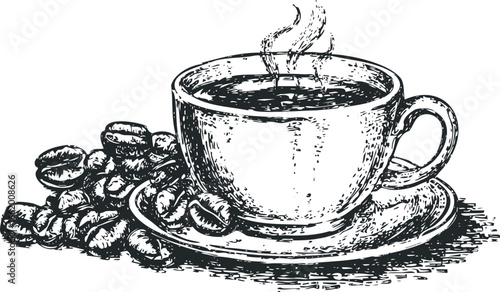Sketch of a steaming cup of coffee with roasted beans on a saucer