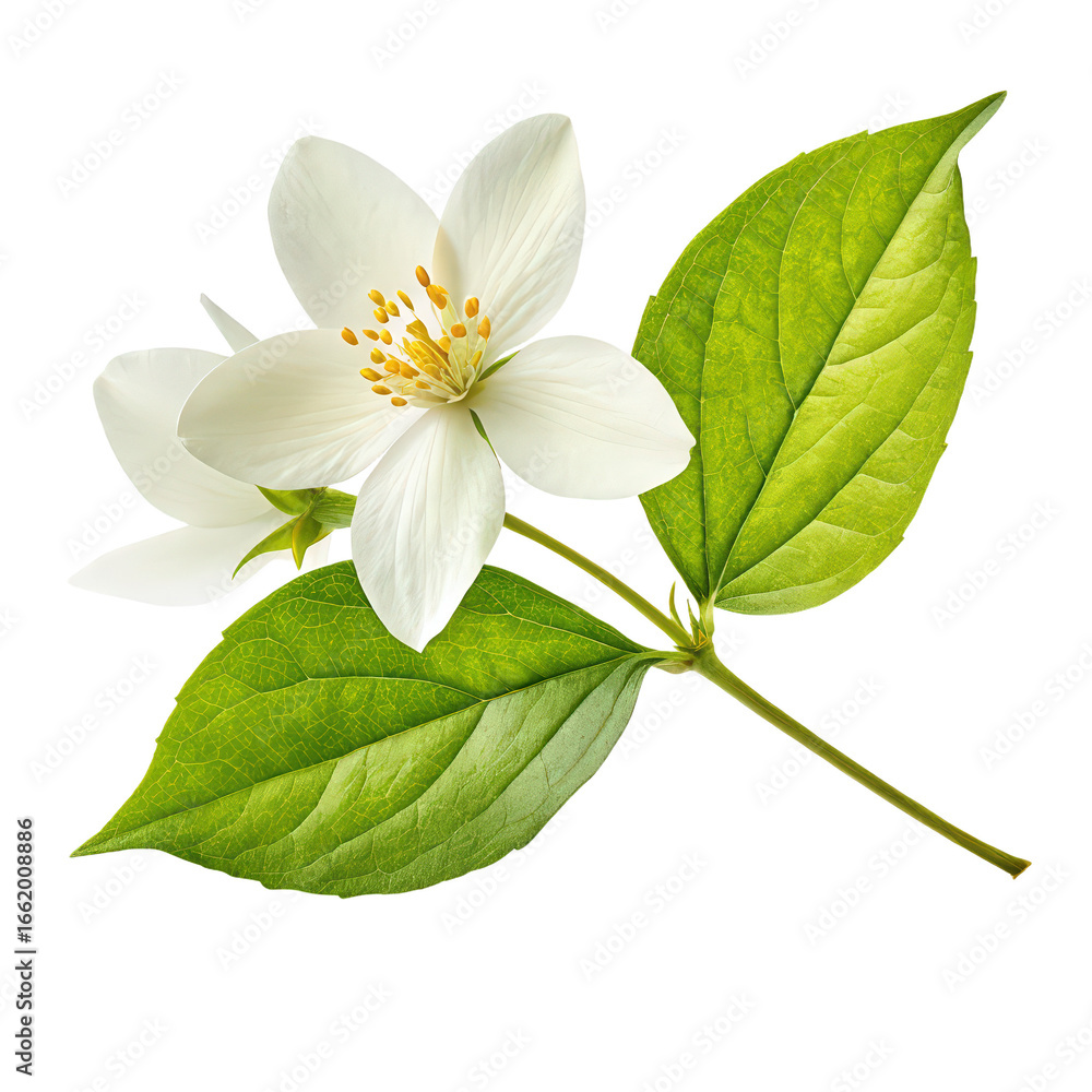 Obraz premium Fresh green organic jasmine flower isolated on white background png transparent back image detailed floral close-up png delicate blossom nature png organic greenery white backdrop png
