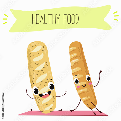 Baked food, french baguette, funny characters, hand drawn vector illustration.