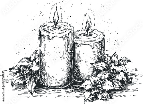 Two lit candles adorned with holly leaves and berries in a sketched style