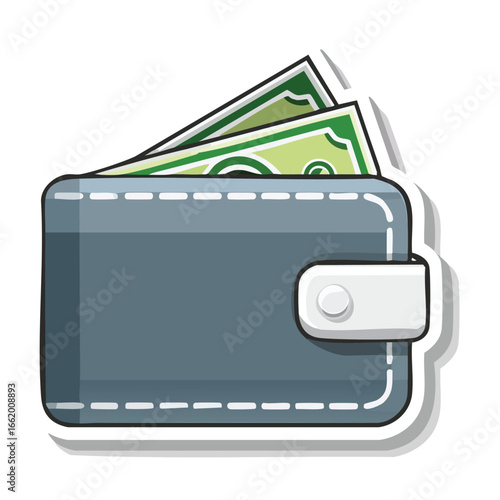 Illustration of a gray wallet with a white button, containing green paper money.